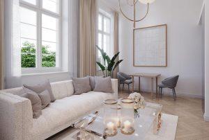 Wohnzimmer | Musterwohnung Palais Erlenbad